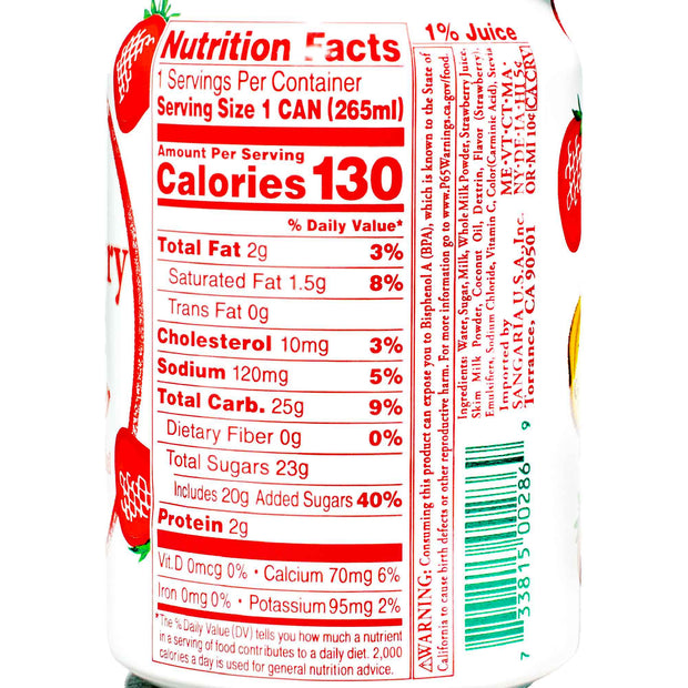 The back of a can of Sangaria Strawberry Milk Drink.