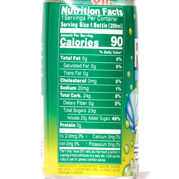 A bottle of Sangaria Ramune Soda: Melon with a label on it.