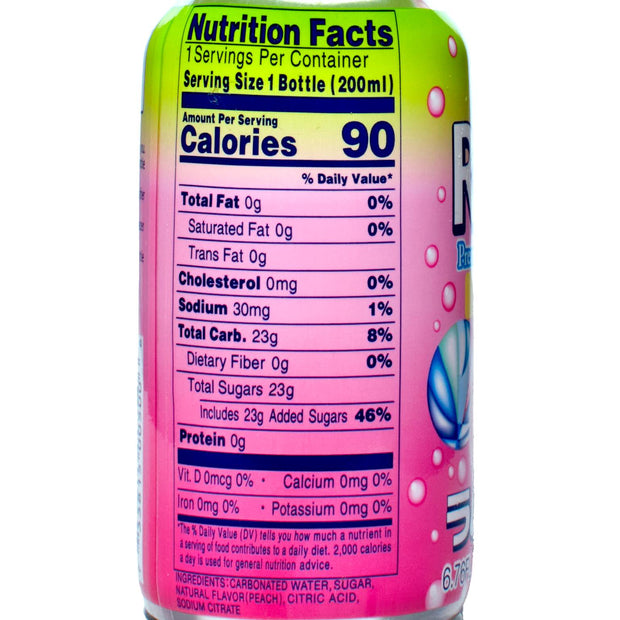 A bottle of Sangaria Ramune Soda: Peach with a nutrition label on it.