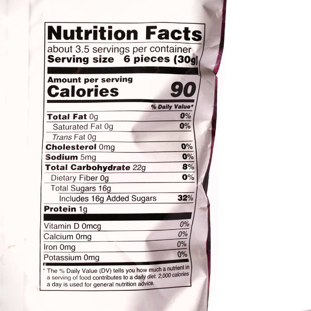 A close up of a bag of Kasugai Frutia Grape Gummy chips.