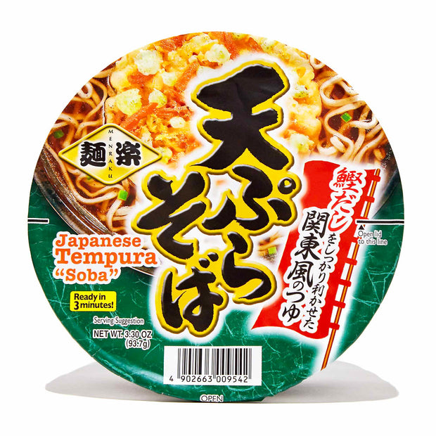 A bowl of Hikari Menraku Tempura Soba with a label on it.