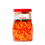 A jar of Oriental Mascot Pickled Bamboo Shoot in Chili Oil on a white background. thumbnail 1