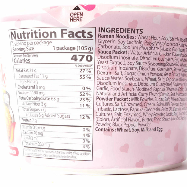 A container of Samyang Buldak Ramen Bowl: Carbo Hot Chicken with a label on it.