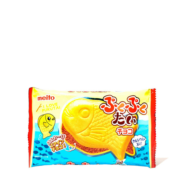 Meito Pukupuku Tai Chocolate Wafer candy with fish on a white background.
