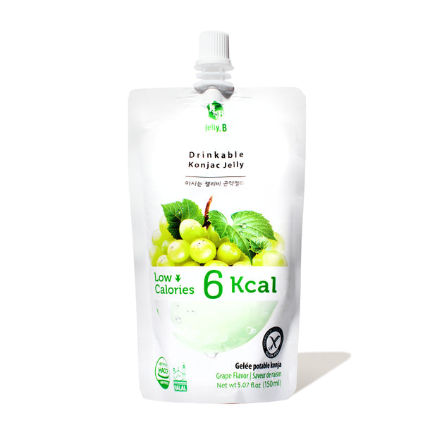 A pouch of Jelly.B Low Calorie Drinkable Konjac Jelly: Muscat Grape and green leaves on a white background.