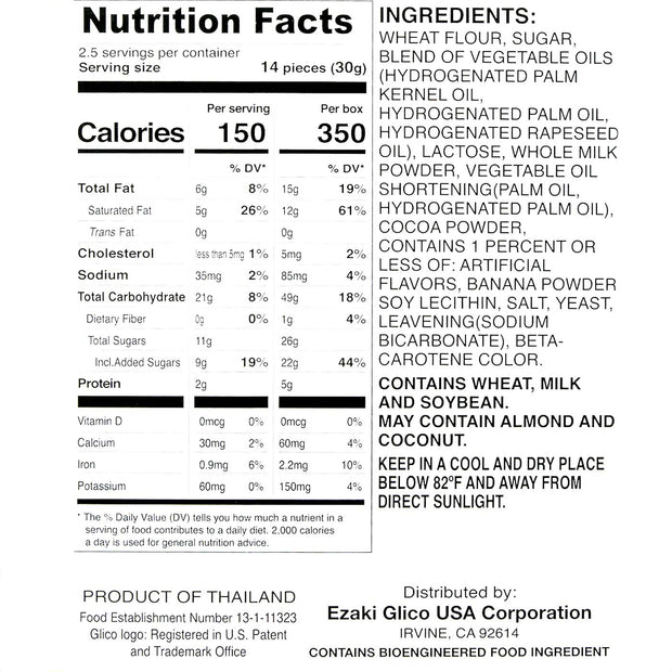 A nutrition label for Glico Pocky: Chocolate Banana by Glico.