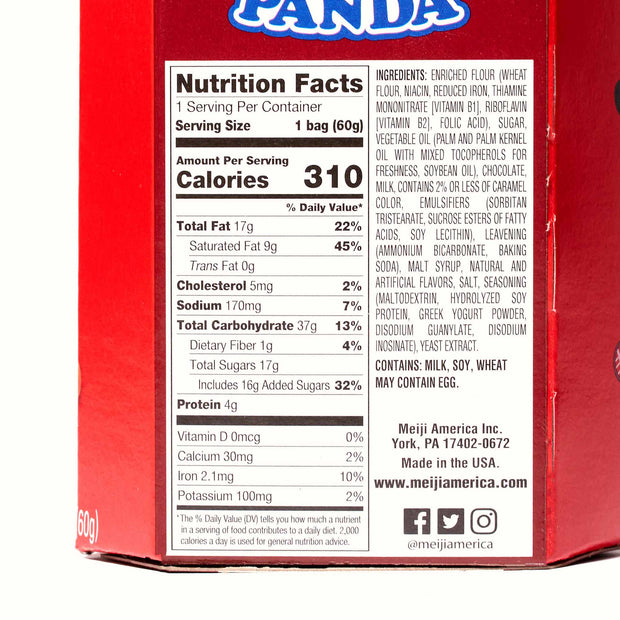 A box of Meiji Hello Panda: Chocolate's nutrition facts on a white background.