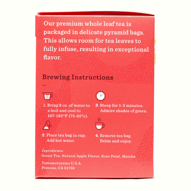 A box of Yamamotoyama Premium Green Tea: Matcha Apple (10 bags) with instructions on it.