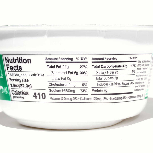 A container of Hikari Menraku Ramen Bowl: Tonkotsu with nutrition facts on it.