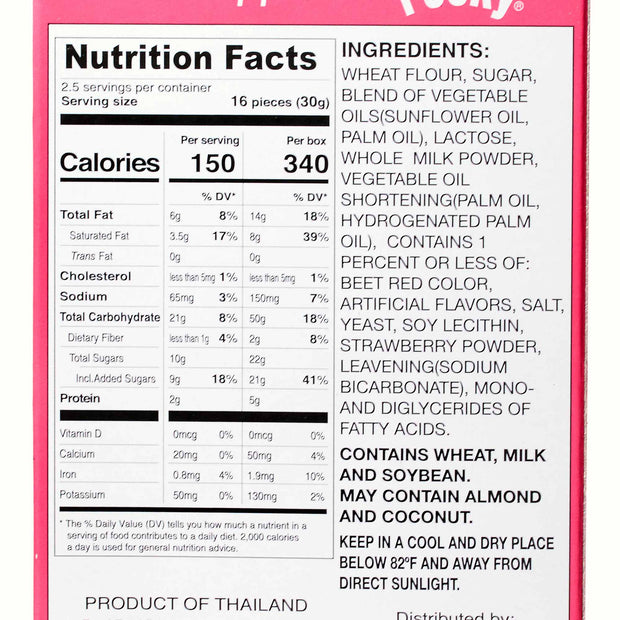 A nutrition label for a box of Glico Pocky: Strawberry.