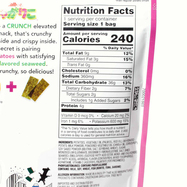 The back of a bag of Calbee Jagarico: Umami Seaweed nutrition facts.