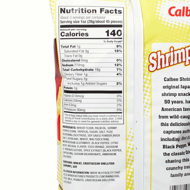 The back of a bag of Calbee Shrimp Chips: Yuzu Pepper.
