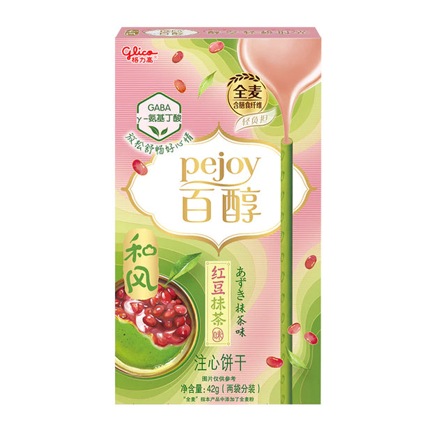A box of Pejoy Glico Pejoy: Red Bean Matcha flavor filled biscuit sticks. The packaging is green and pink with images of red beans and a cup of matcha.