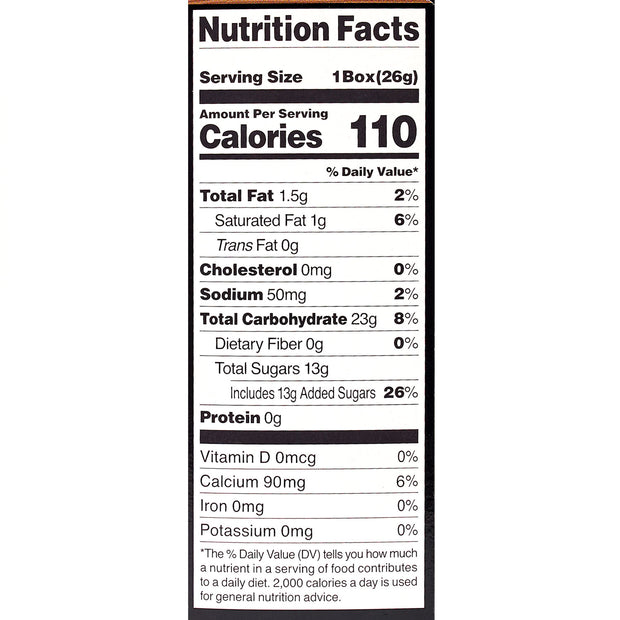 The Kracie Popin Cookin DIY Candy: Cake nutrition facts label shows 110 calories per 26g serving. It contains 1.5g total fat, 13g total sugars, and 26% daily added sugars. No cholesterol, dietary fiber, vitamin D, iron, or potassium are present in these fun candy powders.
