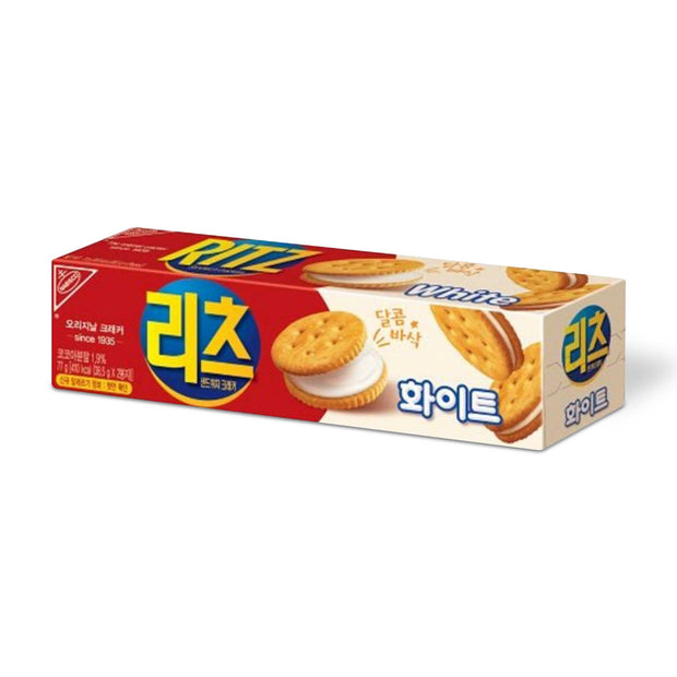 A box of Nabisco Ritz Korean Ritz Cracker Sandwich: White Chocolate on a white background.