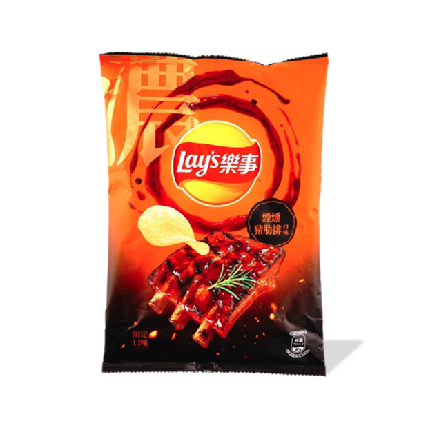A bag of Lay's Smoked Pork Rib potato chips on a white background.