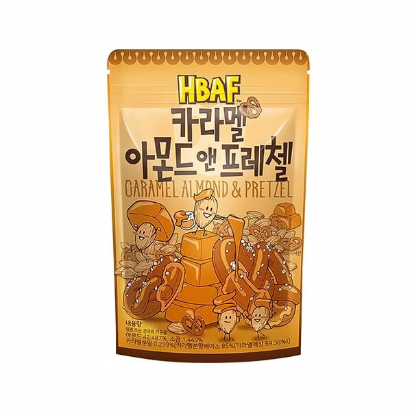The HBAF Korean Style Almonds & Pretzel: Caramel snack features brown packaging with cartoon almonds and pretzels drizzled with caramel, highlighted in both Korean and English as a flavorful treat.
