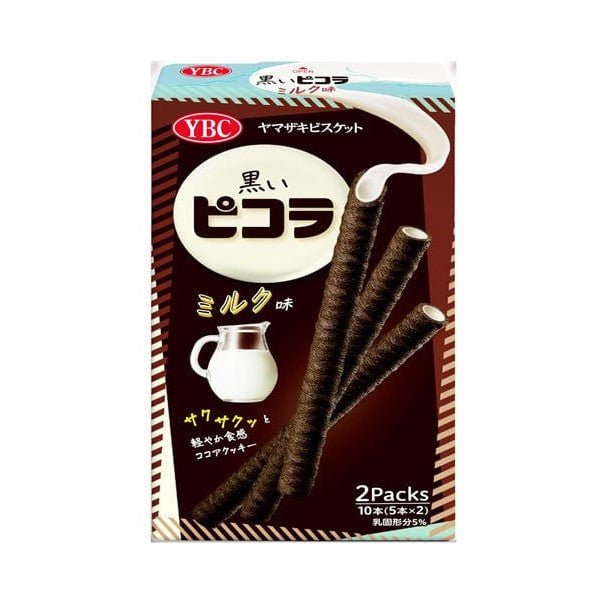 Picola Sticks in Milk flavor, showcasing sleek, dark biscuit sticks with a milk cream filling, presented in an elegant brown and white package. Brand: Bokksu Market; Product: YBC Black Picola Sticks: Milk (10 pieces).