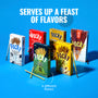 Six Glico Pocky: Variety Pack (6-Pack) boxes are arranged on a blue background, with two biscuit sticks in front. Text: &quot;Serves up a feast of flavors. 6 different flavors.&quot; Brand: Glico. thumbnail 2