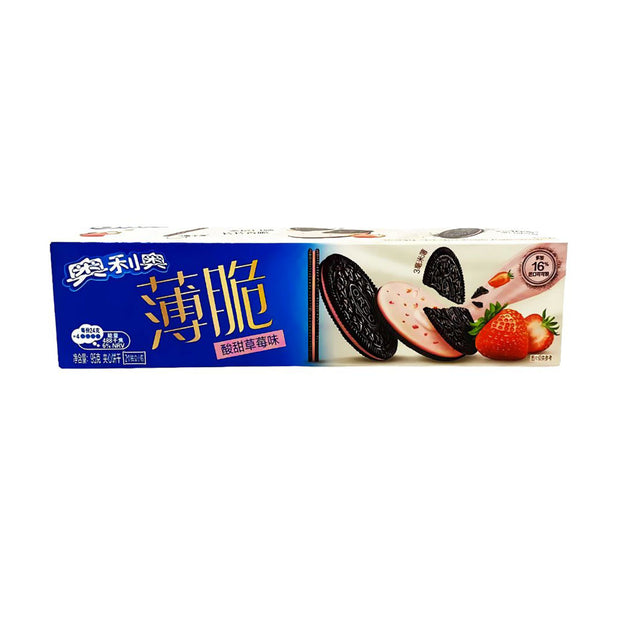 A box of Oreo Thin Cookies: Sweet & Sour Strawberry by Oreo, with packaging showing cookie and strawberry images plus Chinese text.