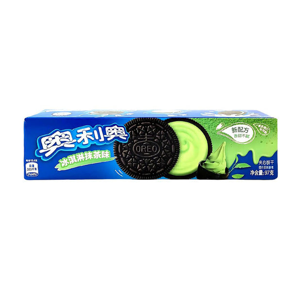 A package of Oreo Cookies: Ice Cream Matcha by Oreo, with green tea matcha-flavored filling and Chinese text on a blue background.