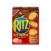 The Mondelez Ritz Crackers: Chocolate from Bokksu Market comes in a red box with enticing images of chocolate-filled crackers. It highlights the sweet and salty treat in Japanese and English, offering 141 kcal per serving across 6 packs.