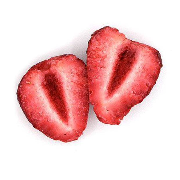 Two strawberry halves lie flat against a white background, showcasing their vibrant red and white textures, reminiscent of a delectable Japanese treat. Perfect for inclusion in the Bokksu Gift: White Strawberry snack box.