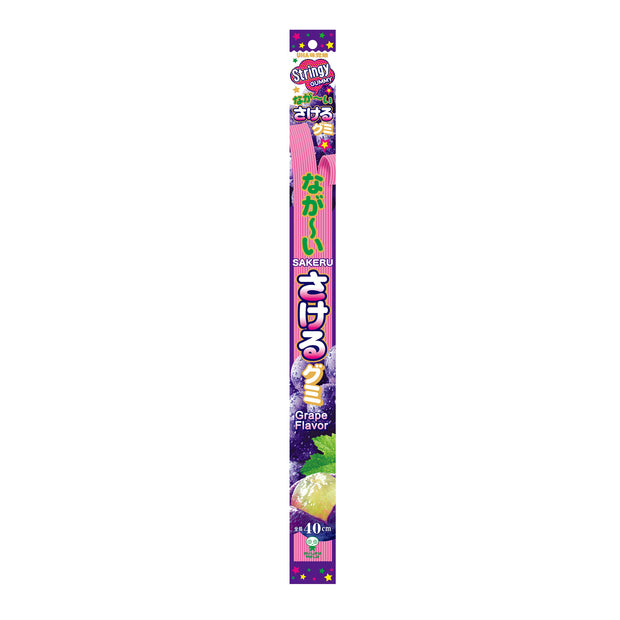 The packaging of Uha Long Sakeru Gummy: Grape by Uha Mikakuto showcases a long, slender wrapper adorned with purple and green accents and Japanese text, emphasizing its fruity grape flavor. This peelable treat captures the essence of grape gummies in every bite.