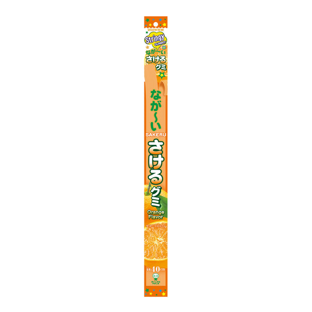 The Uha Mikakuto Long Sakeru Gummy: Orange features a package with Japanese text and cartoon-style illustrations in a vertical, orange-themed design, offering a delightful and enjoyable treat suitable for all ages.
