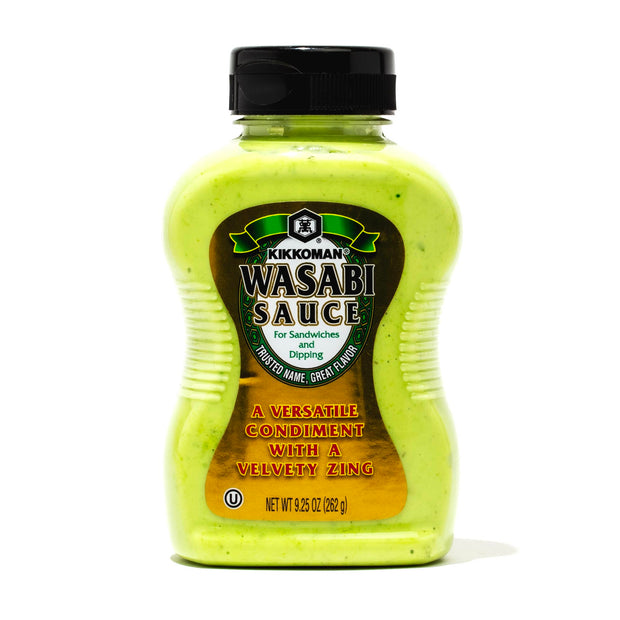 A bottle of Kikkoman Wasabi Sauce on a white background.