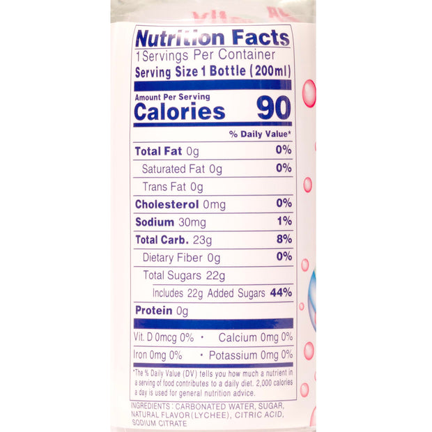 A label showing the nutrition facts of a bottle of Sangaria Ramune Soda: Lychee.