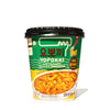 A cup of Yopokki Instant Rabokki Ramen and Tteokbokki Rice Cake Cup: Curry on a white background.