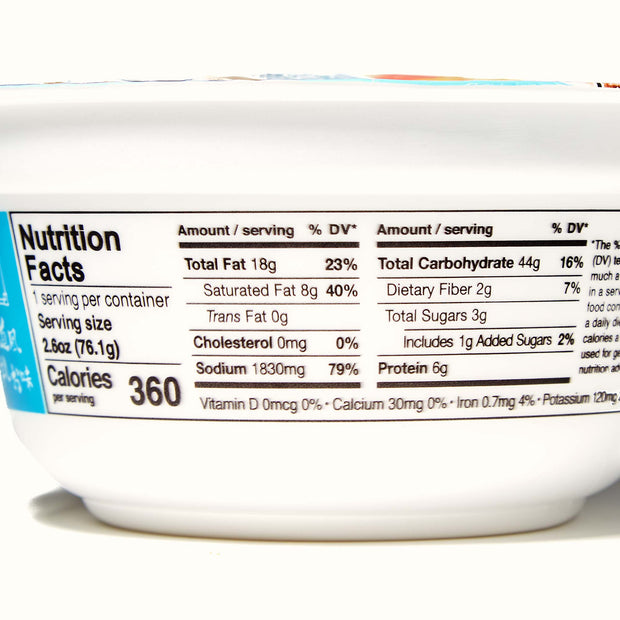A bowl of Hikari Menraku Ramen Bowl: Hokkaido-Style Kaisen Seafood with nutrition facts on it.
