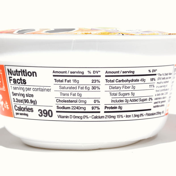 A bowl of Hikari Menraku Ramen Bowl: Miso with nutrition facts on it.