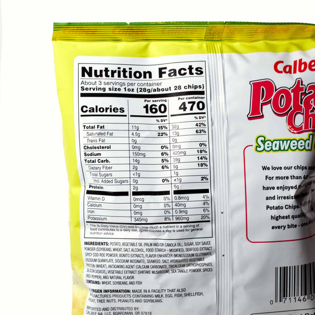 A bag of Calbee Potato Chips: Seaweed & Salt on a white background.